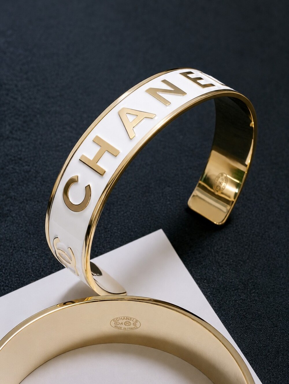 Chanel White & Gold Open Wide Cuff Bracelet- pre owned -1 owner- ca usa